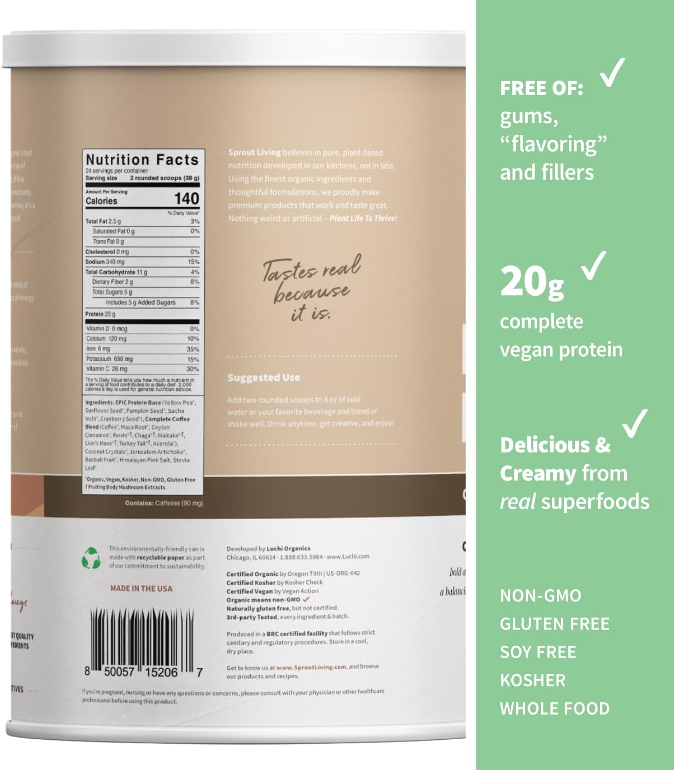 Organic Plant-Based Protein Powder with Adaptogens, Mushrooms, & Superfoods - Complete Coffee Flavor | 20g Protein, Vegan, Non-GMO, Gluten-Free - 2lb (24 Servings)