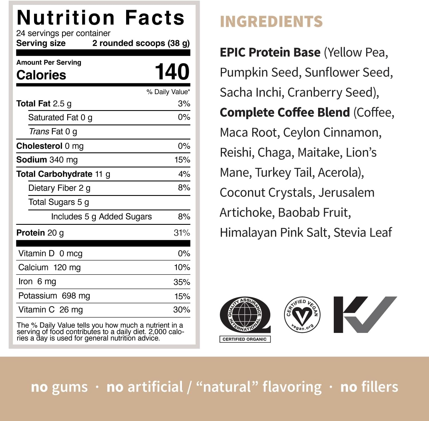Organic Plant-Based Protein Powder with Adaptogens, Mushrooms, & Superfoods - Complete Coffee Flavor | 20g Protein, Vegan, Non-GMO, Gluten-Free - 2lb (24 Servings)