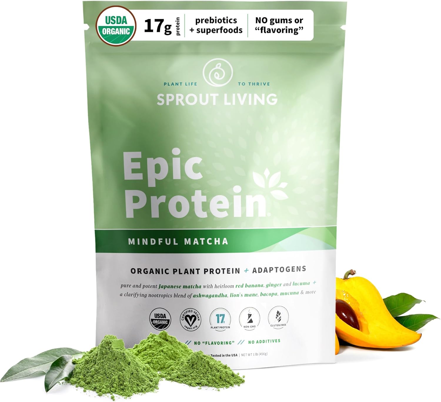 Organic Plant Based Protein Powder with Mindful Matcha - Vegan, Non-GMO, Gluten Free (1lb)