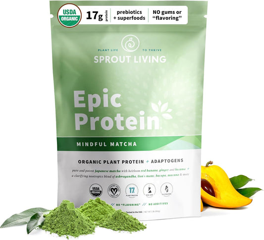 Organic Plant Based Protein Powder with Mindful Matcha - Vegan, Non-GMO, Gluten Free (1lb)