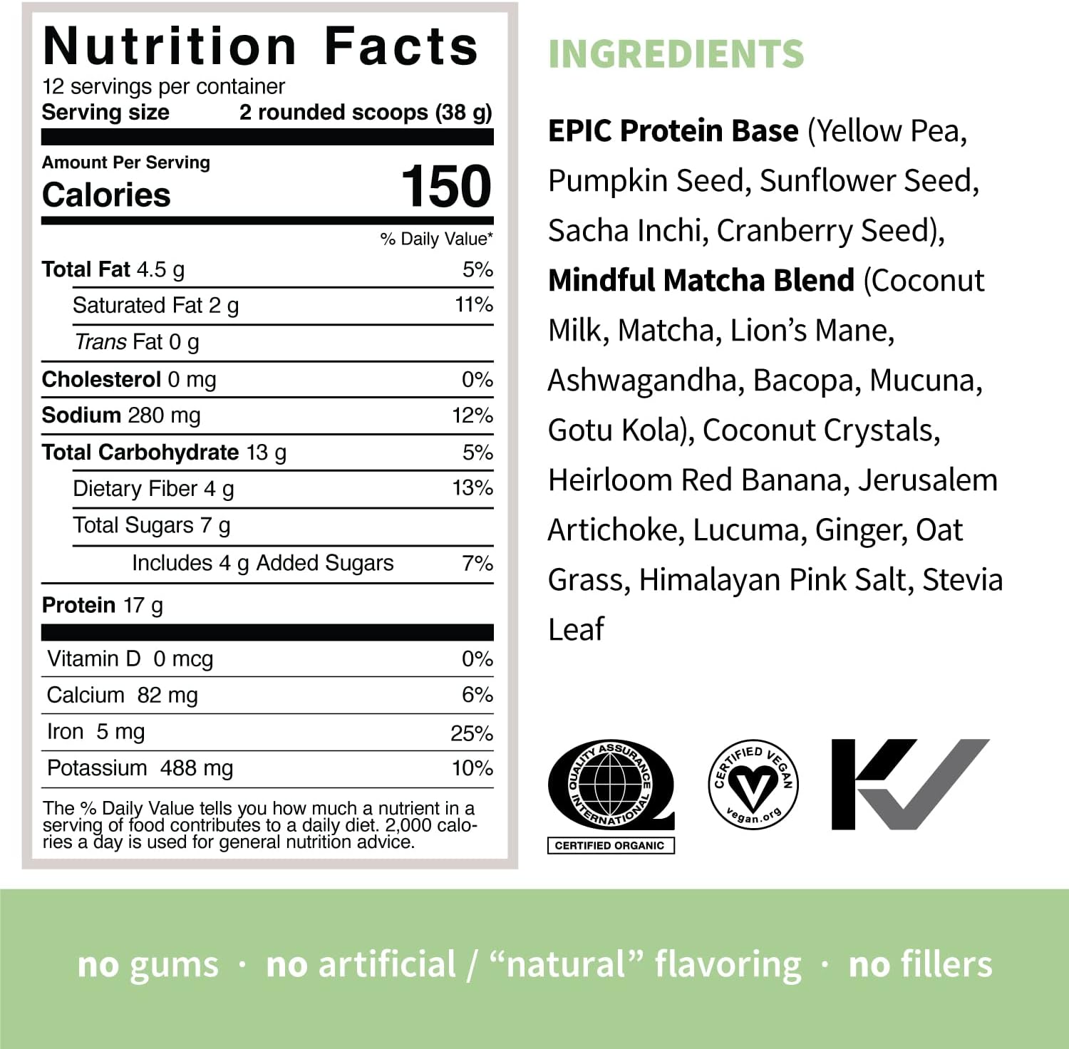 Organic Plant Based Protein Powder with Mindful Matcha - Vegan, Non-GMO, Gluten Free (1lb)
