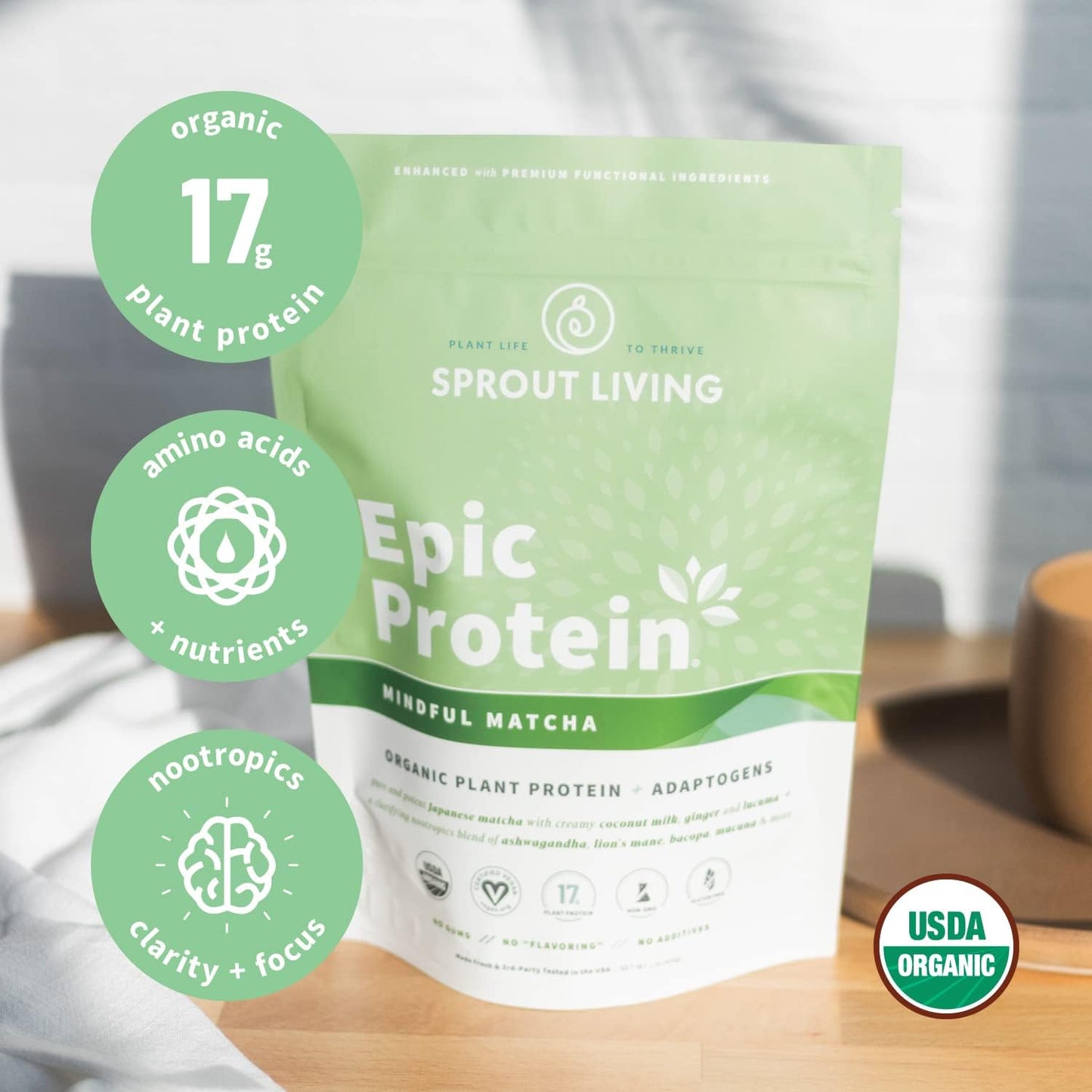 Organic Plant Based Protein Powder with Mindful Matcha - Vegan, Non-GMO, Gluten Free (1lb)