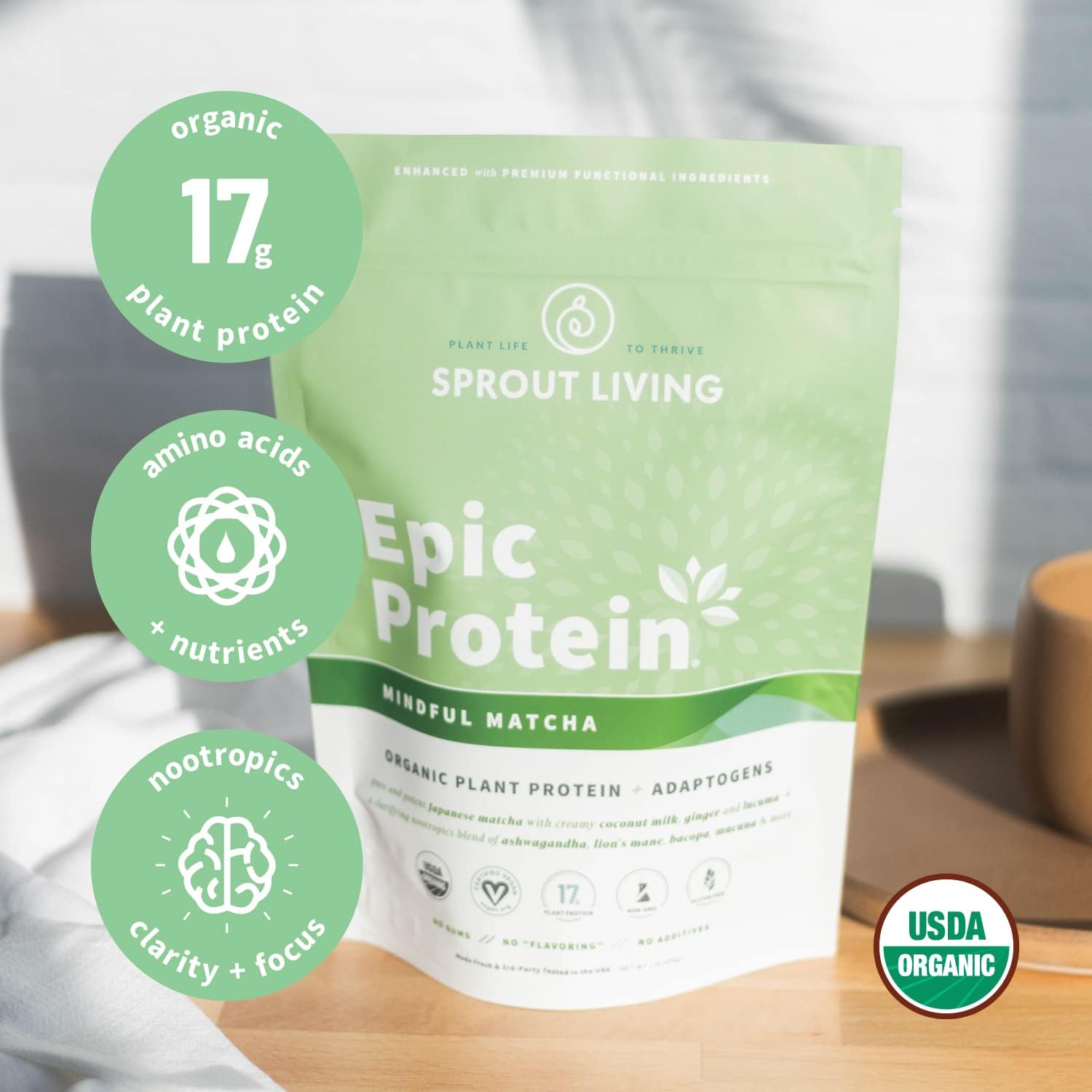 Organic Plant Based Protein Powder with Mindful Matcha - Vegan, Non-GMO, Gluten Free (1lb)