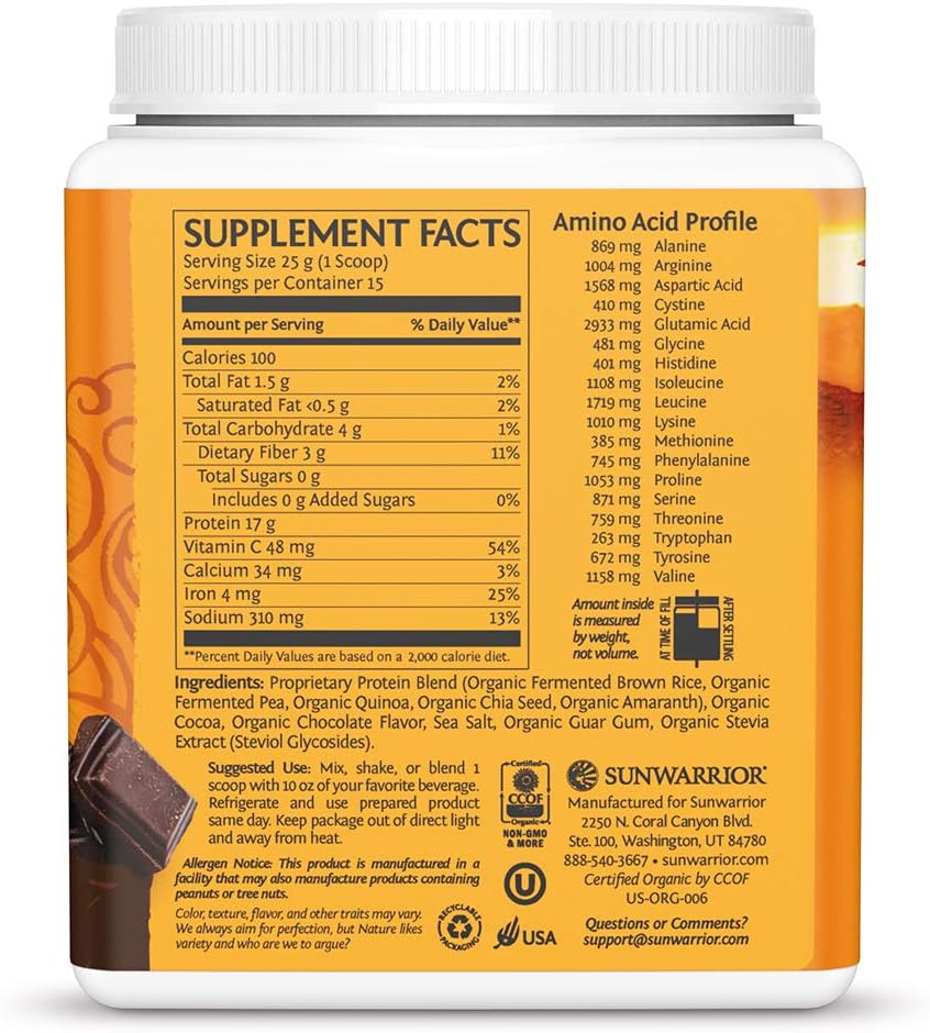 Organic Plant-Based Protein Powder with Superfoods - Chocolate Flavor | Sunwarrior Vegan Blend, Quinoa, Chia, Non-GMO, Dairy-Free, Gluten-Free | 15 Servings