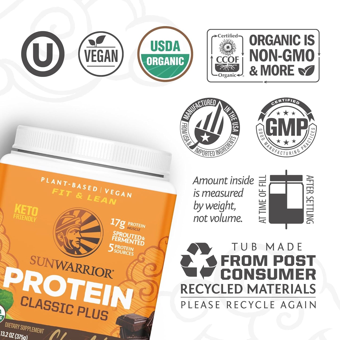 Organic Plant-Based Protein Powder with Superfoods - Chocolate Flavor | Sunwarrior Vegan Blend, Quinoa, Chia, Non-GMO, Dairy-Free, Gluten-Free | 15 Servings