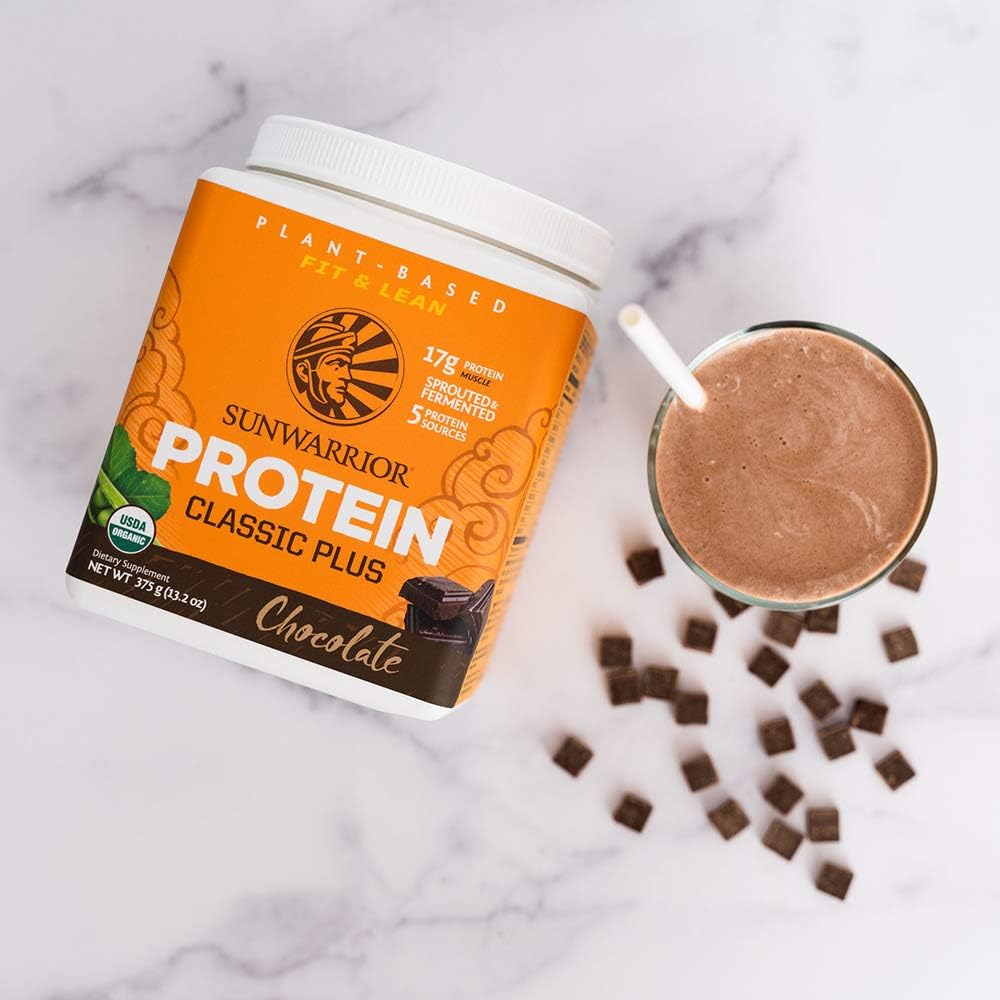 Organic Plant-Based Protein Powder with Superfoods - Chocolate Flavor | Sunwarrior Vegan Blend, Quinoa, Chia, Non-GMO, Dairy-Free, Gluten-Free | 15 Servings