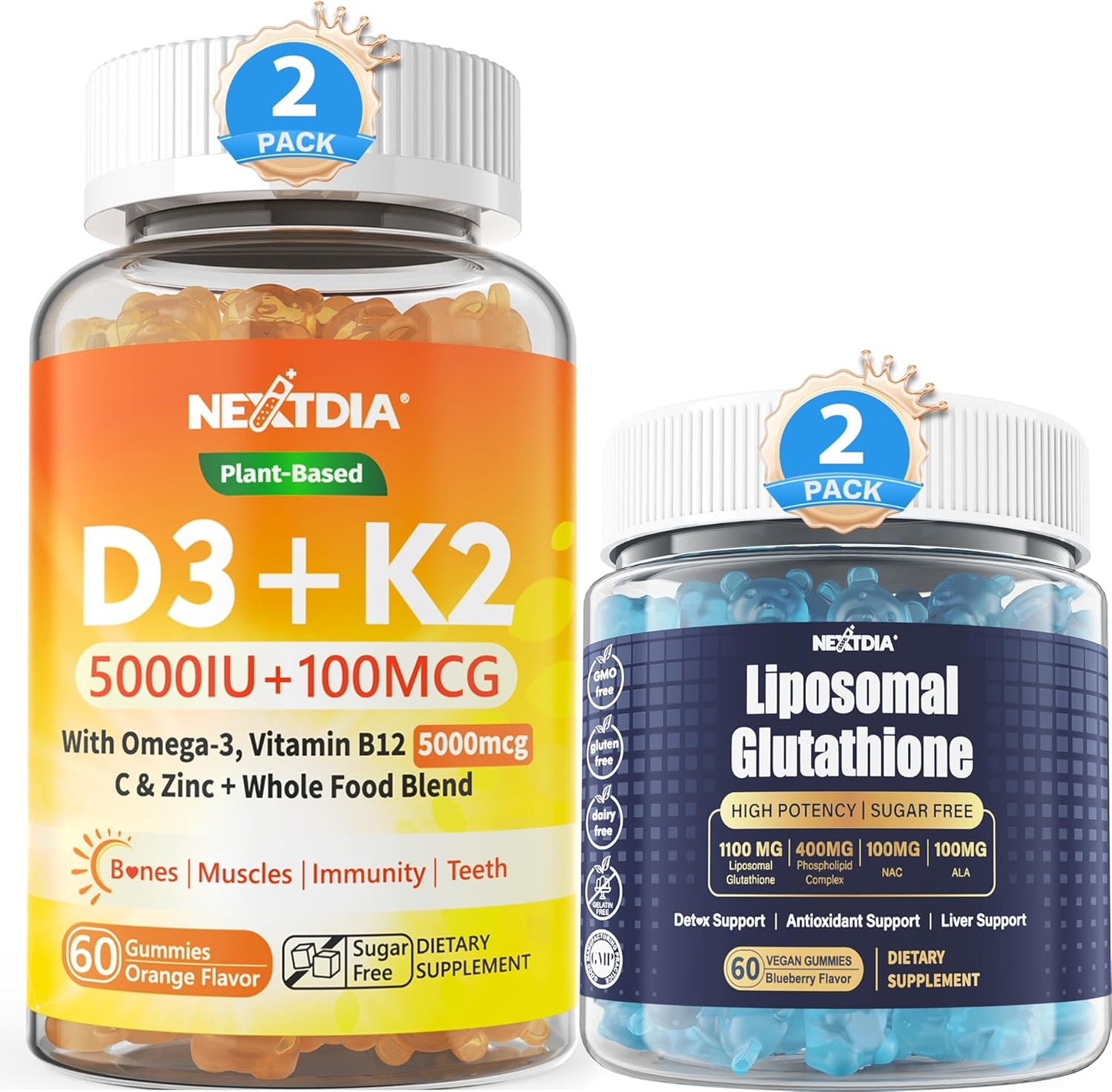 Organic Plant-Based Vitamin D3 5000 IU + K2(MK-7) 100 mcg + Liposomal Glutathione Gummies for Women