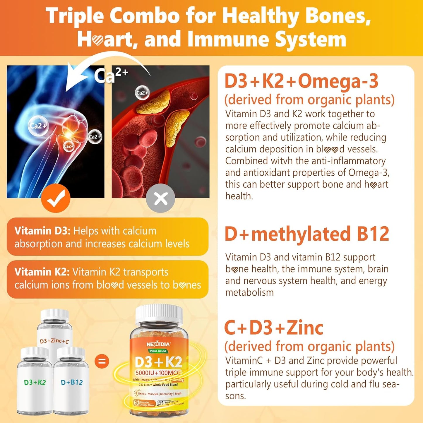 Organic Plant-Based Vitamin D3 5000 IU + K2(MK-7) 100 mcg + Liposomal Glutathione Gummies for Women