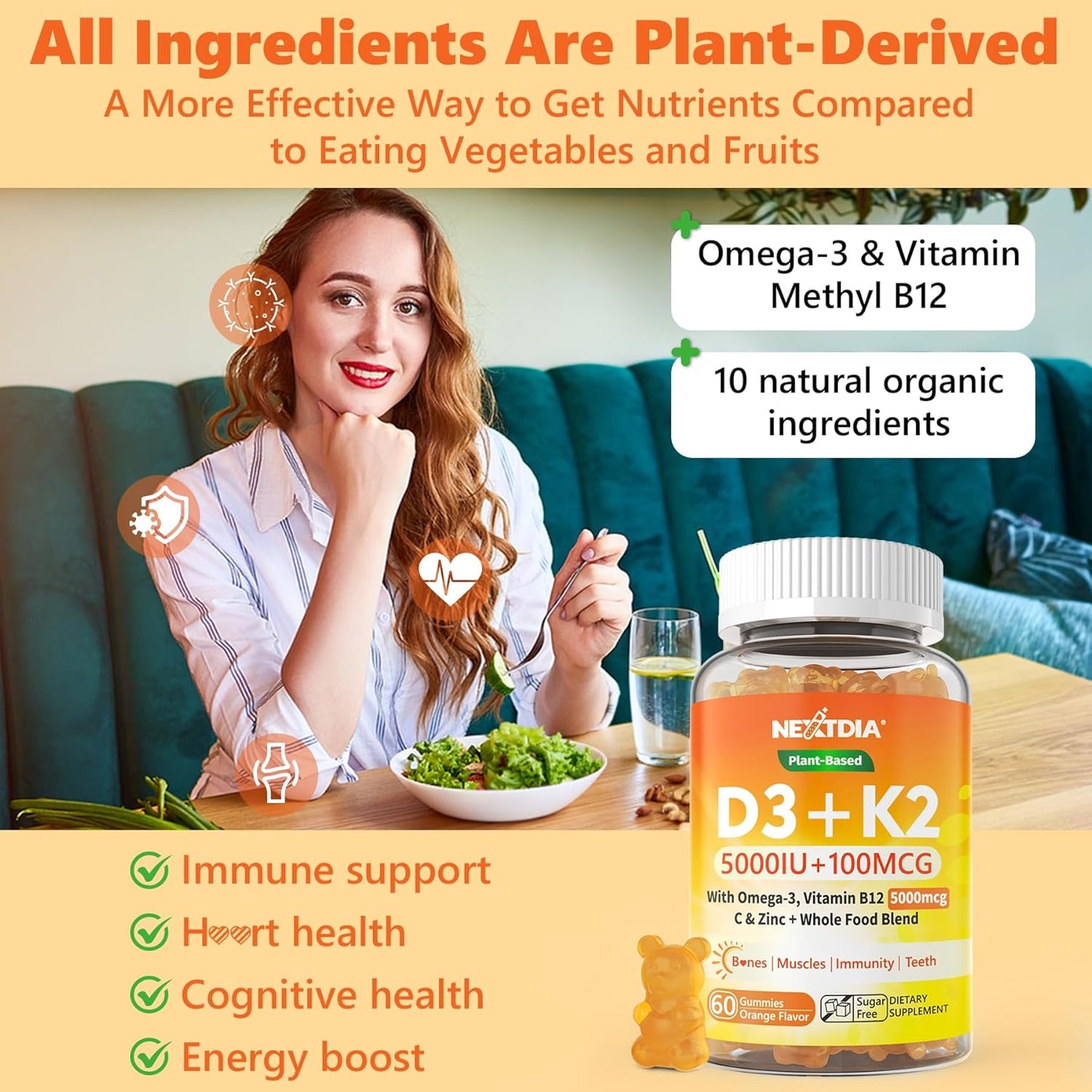 Organic Plant-Based Vitamin D3 5000 IU + K2(MK-7) 100 mcg + Liposomal Glutathione Gummies for Women