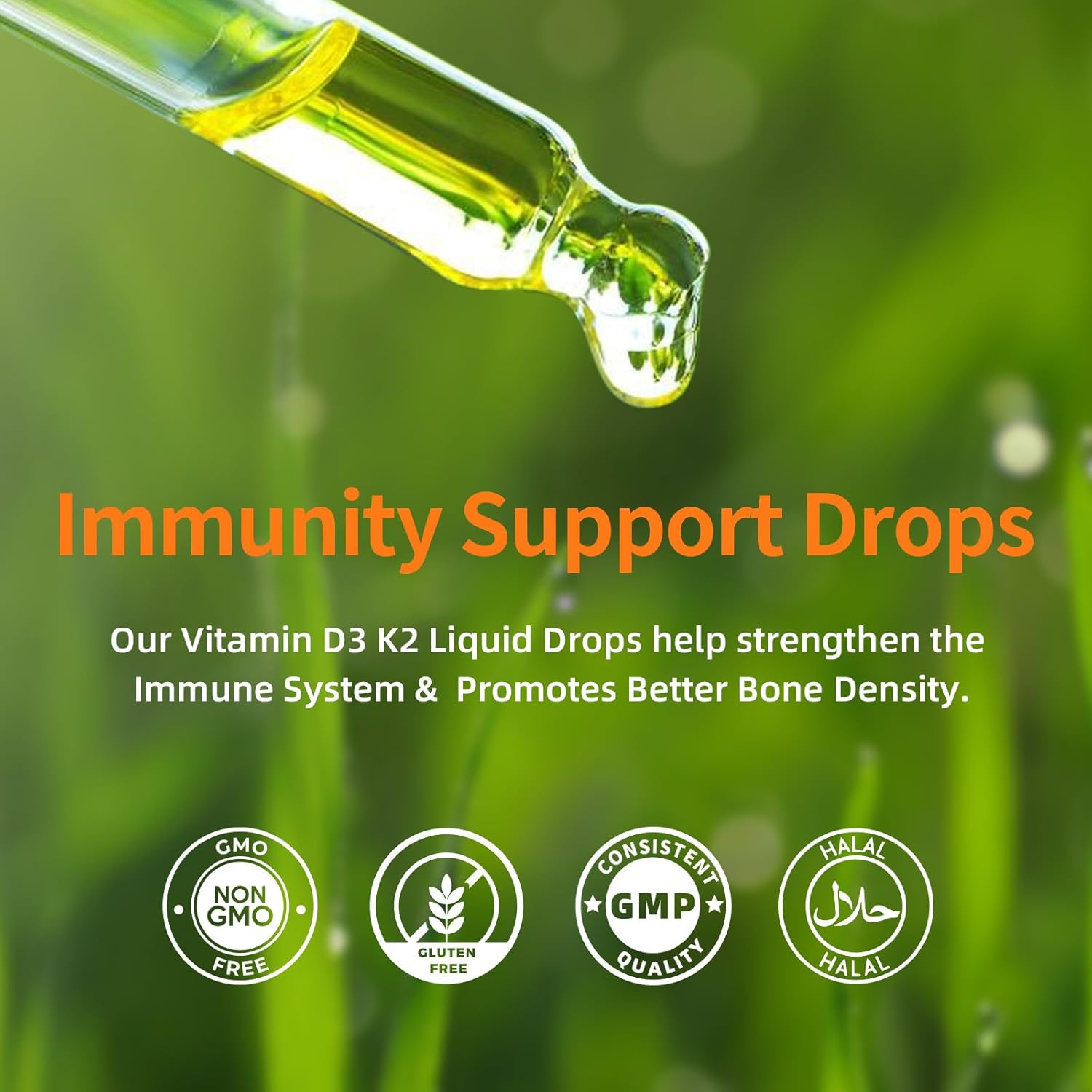 Organic Plant-Based Vitamin D3 K2 Liquid Drops for Healthy Bones and Immune Support - 5000 IU D3 & 200 mcg K2 - High Absorption Formula