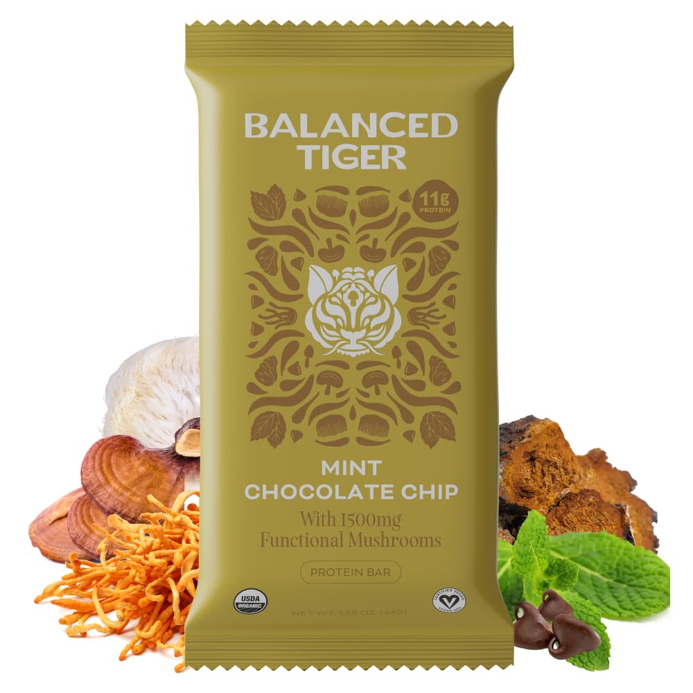 Organic Plant Protein Bars with Functional Mushrooms - USA Made Vegan Bars with Lions Mane, Chaga, Reishi & Cordyceps - Mint Chocolate Chip Flavor