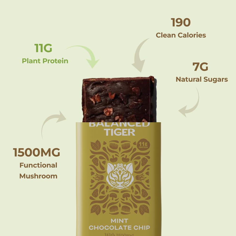 Organic Plant Protein Bars with Functional Mushrooms - USA Made Vegan Bars with Lions Mane, Chaga, Reishi & Cordyceps - Mint Chocolate Chip Flavor