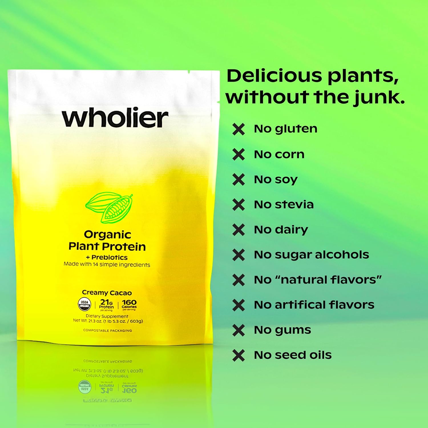 Organic Plant Protein with Prebiotics - 21g Vegan Protein, 5g Fiber, Psyllium Husk, Green Banana, Vanilla Bean Flavor - No Fillers