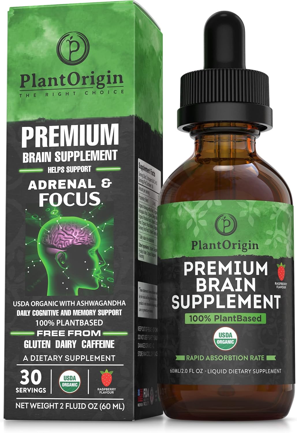 Organic PlantOrigin Brain Nootropic Drops with Ashwagandha, Ginseng & Ginkgo Biloba - Memory, Focus & Concentration - Vegan, Non-GMO - 30 Servings