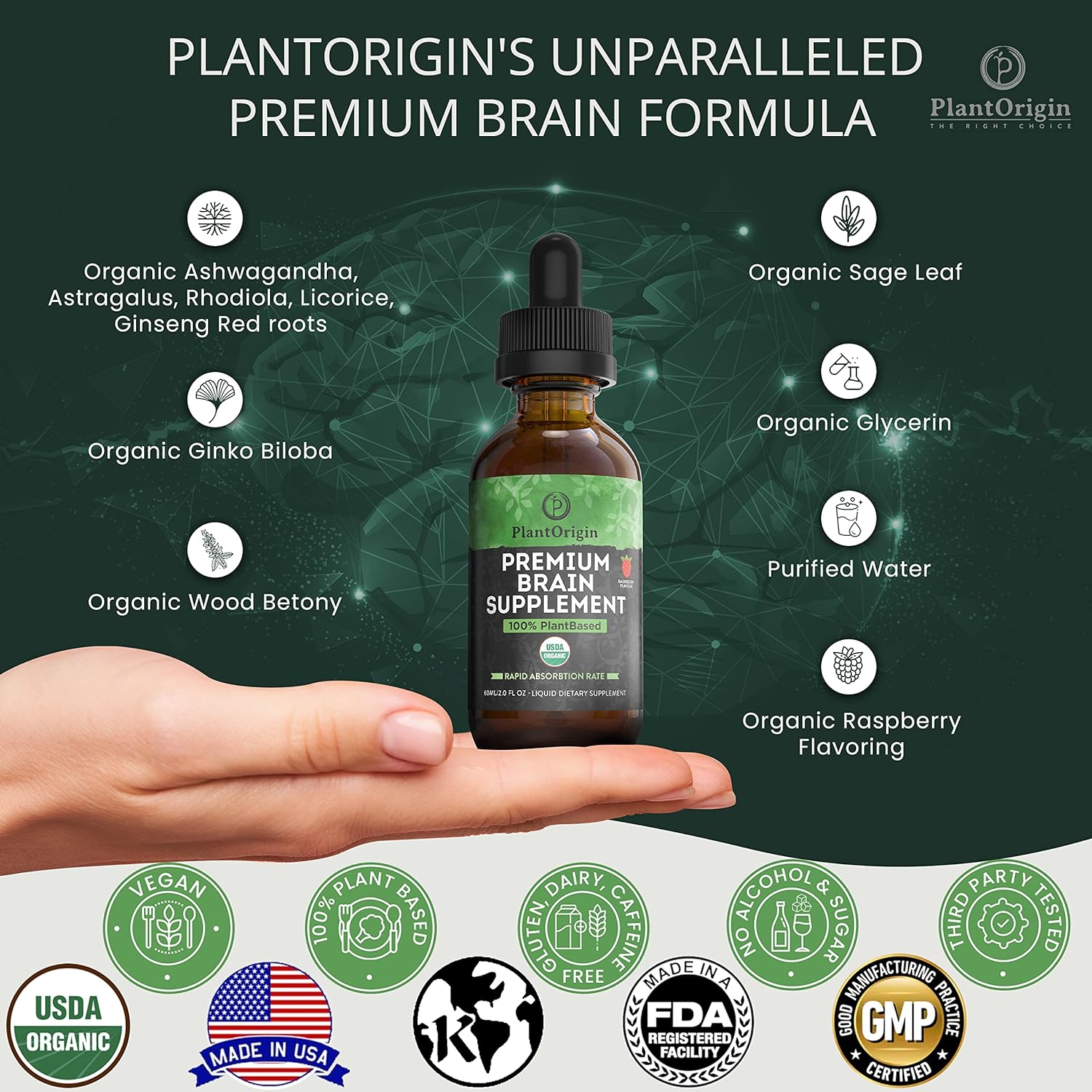 Organic PlantOrigin Brain Nootropic Drops with Ashwagandha, Ginseng & Ginkgo Biloba - Memory, Focus & Concentration - Vegan, Non-GMO - 30 Servings