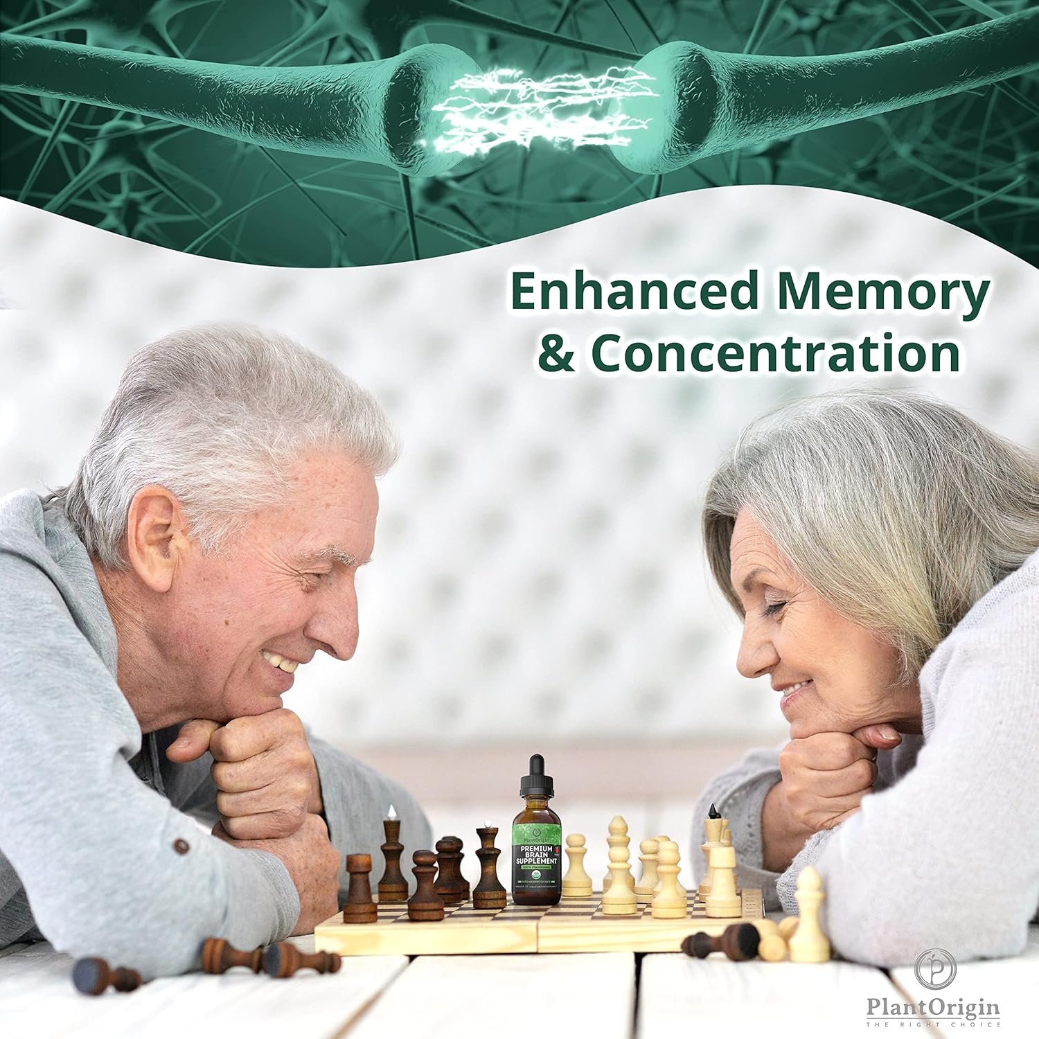 Organic PlantOrigin Brain Nootropic Drops with Ashwagandha, Ginseng & Ginkgo Biloba - Memory, Focus & Concentration - Vegan, Non-GMO - 30 Servings