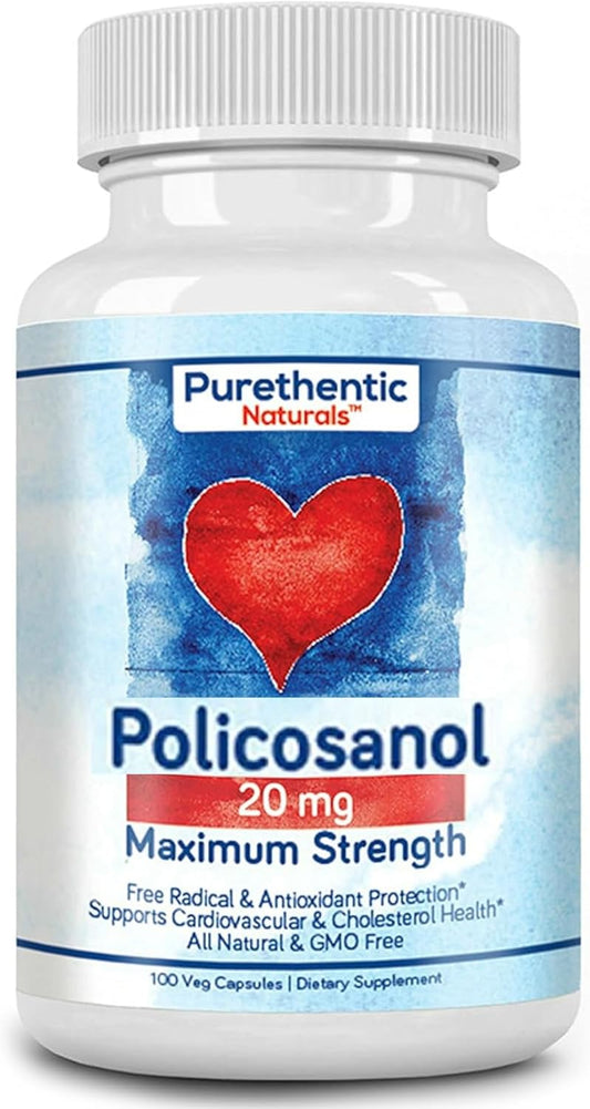 Organic Policosanol 20mg Capsules - Cardiovascular & Cholesterol Support - Antioxidant Protection - Pure Sugar Cane Extract - 100 Veg Caps