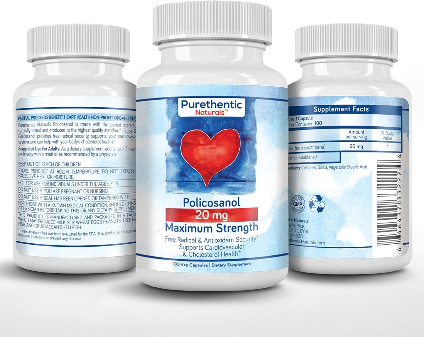 Organic Policosanol 20mg Capsules - Cardiovascular & Cholesterol Support - Antioxidant Protection - Pure Sugar Cane Extract - 100 Veg Caps