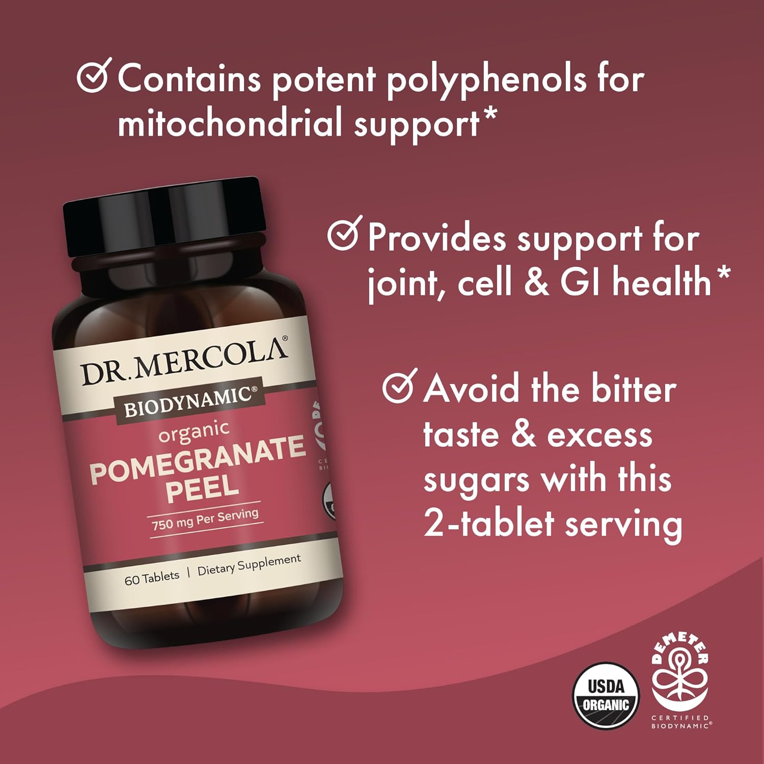 Organic Pomegranate Peel Tablets for Mitochondrial Health - 30 Servings, Non-GMO, Gluten-Free, Demeter Certified