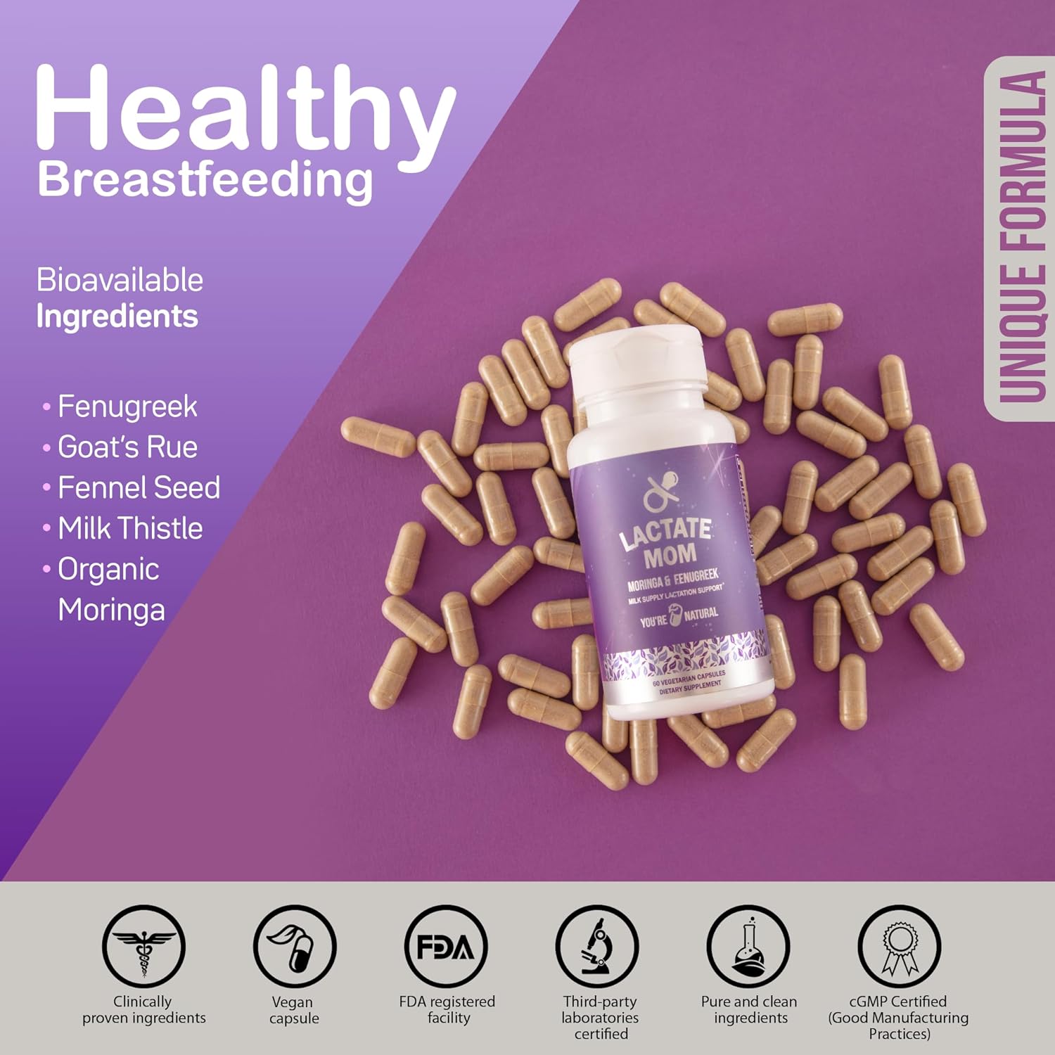 Organic Postpartum Support Breastfeeding Vitamins with Moringa, Fenugreek, and Milk Thistle - 60 Capsules