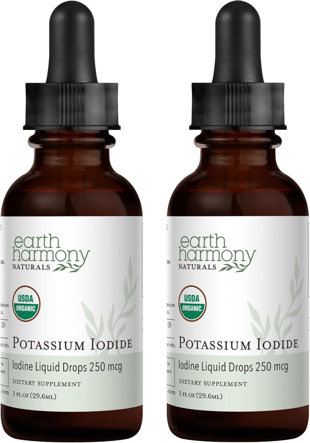 Organic Potassium Iodide Liquid Supplement 250 mcg - 2-Pack (1-Year Supply) - Supports Thyroid Gland, Iodine Levels - USDA Certified - More Bioavailable - 1 Fl Oz