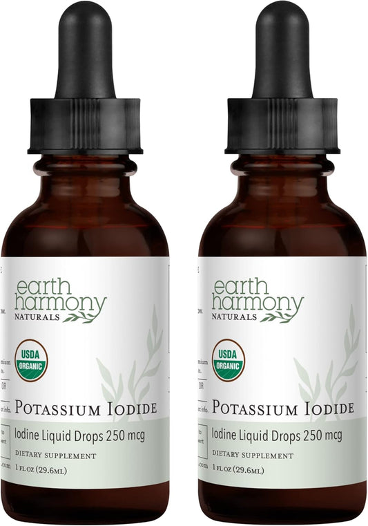 Organic Potassium Iodide Liquid Supplement 250 mcg - 2-Pack (1-Year Supply) - Supports Thyroid Gland, Iodine Levels - USDA Certified - More Bioavailable - 1 Fl Oz
