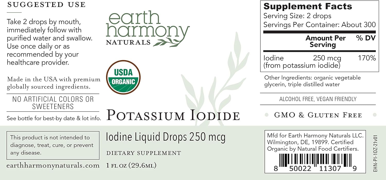 Organic Potassium Iodide Liquid Supplement 250 mcg - 2-Pack (1-Year Supply) - Supports Thyroid Gland, Iodine Levels - USDA Certified - More Bioavailable - 1 Fl Oz