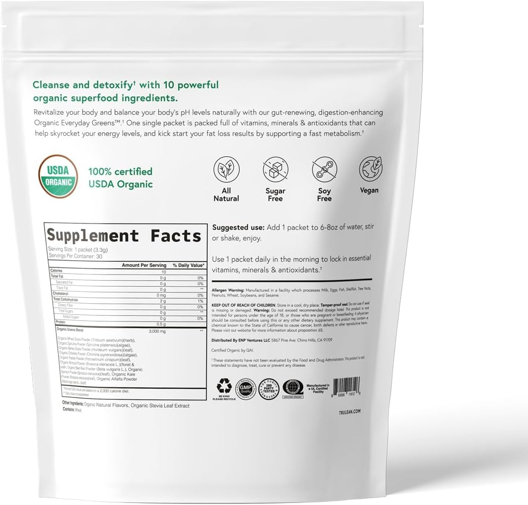 Organic Powdered Vegetable Superfood Supplement - Vegan Mint Apple Greens - 30 Packets