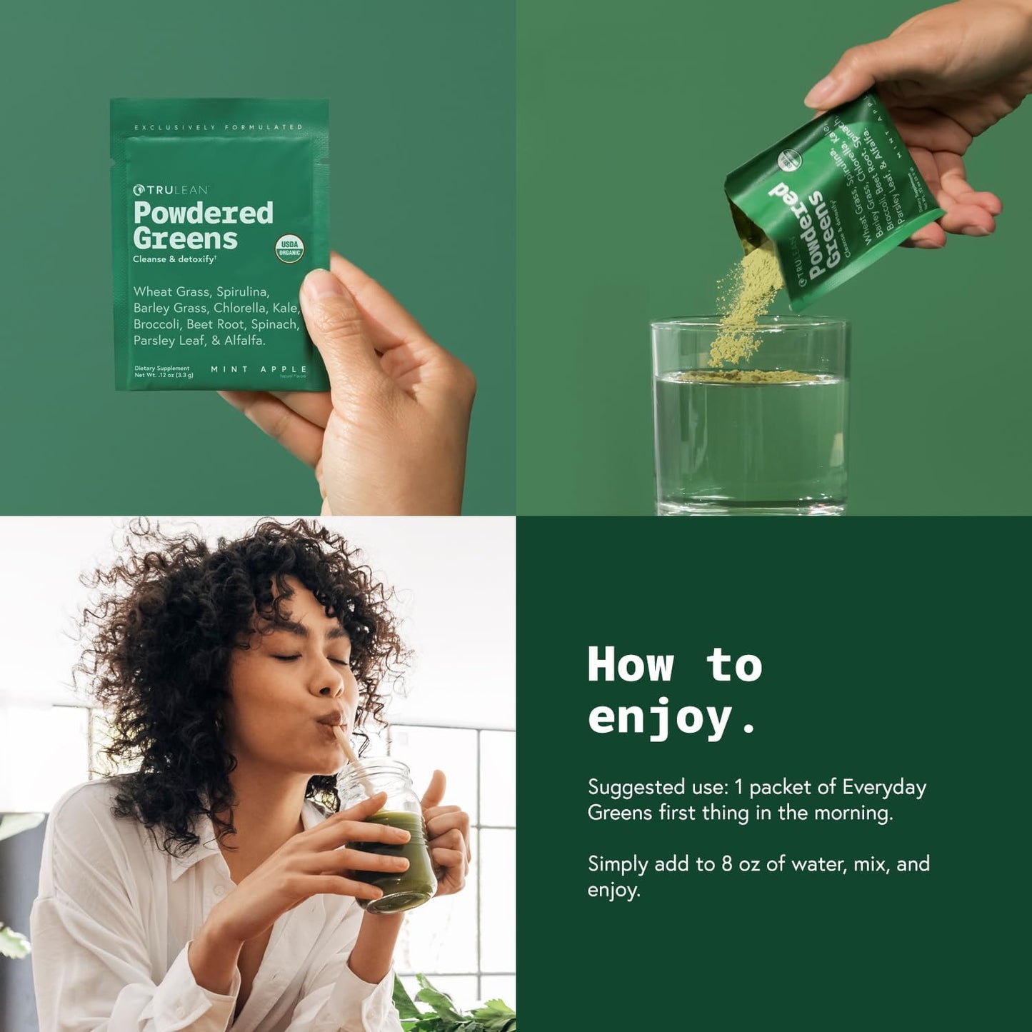 Organic Powdered Vegetable Superfood Supplement - Vegan Mint Apple Greens - 30 Packets