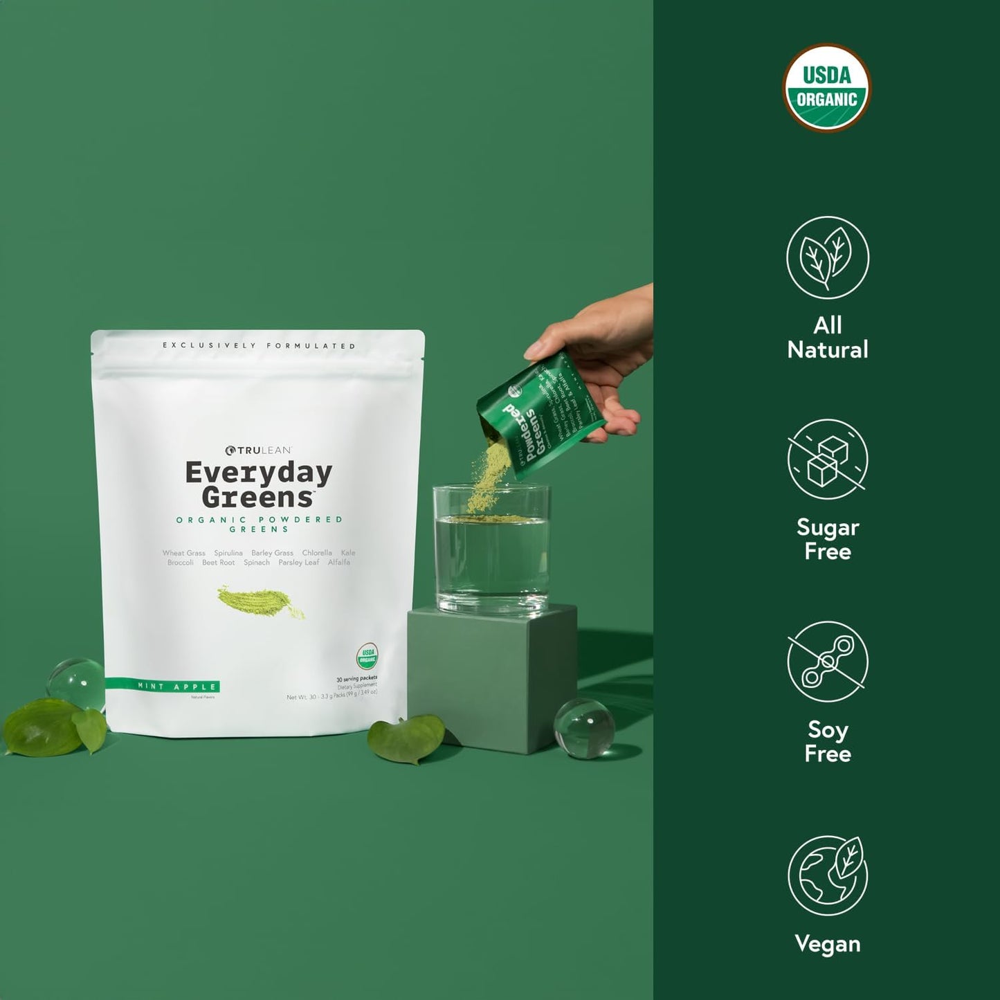 Organic Powdered Vegetable Superfood Supplement - Vegan Mint Apple Greens - 30 Packets