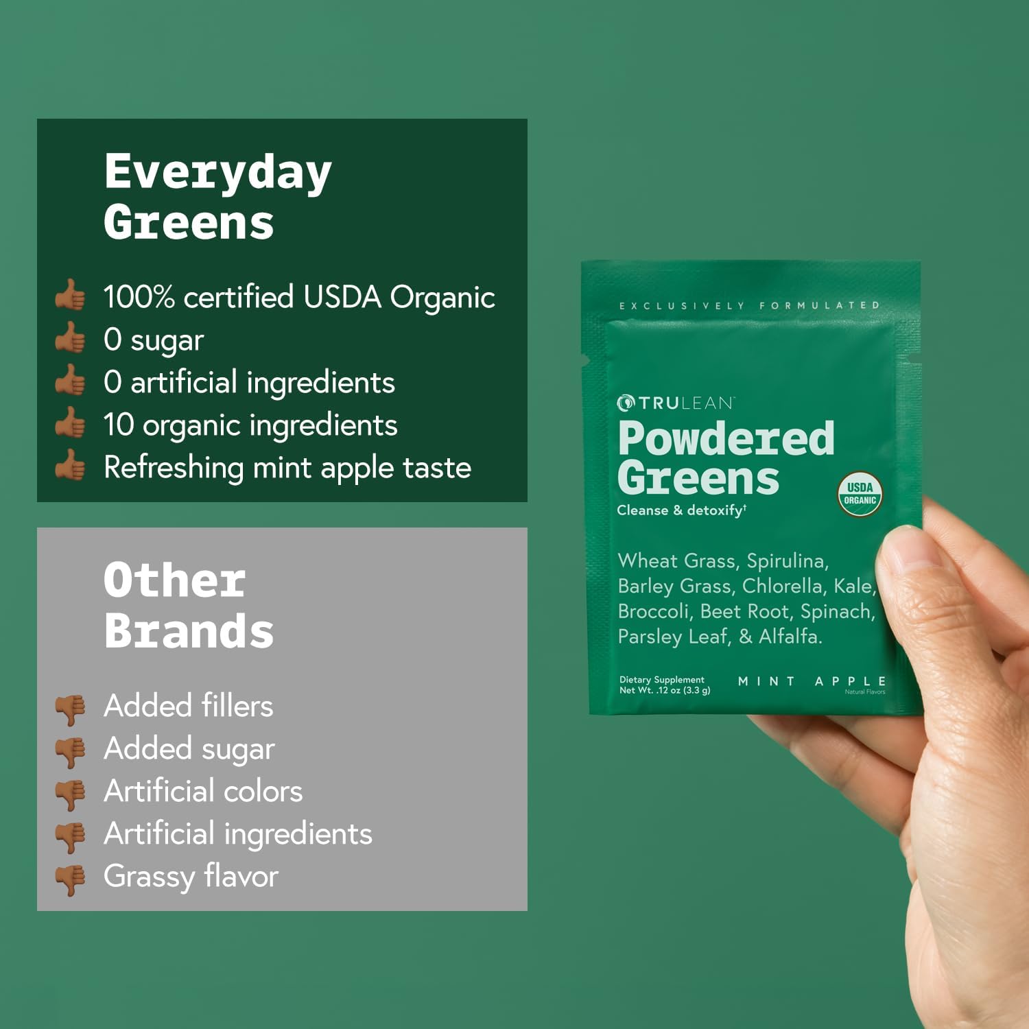 Organic Powdered Vegetable Superfood Supplement - Vegan Mint Apple Greens - 30 Packets