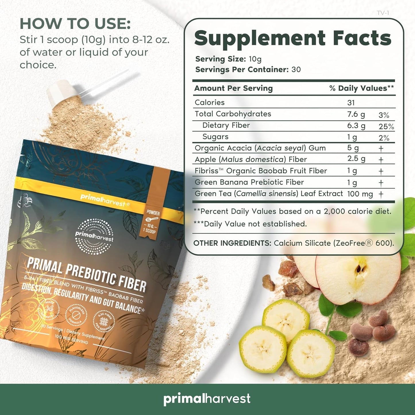Organic Prebiotic Fiber Powder with Acacia and Baobab - 30 Servings, Unflavored Supplement