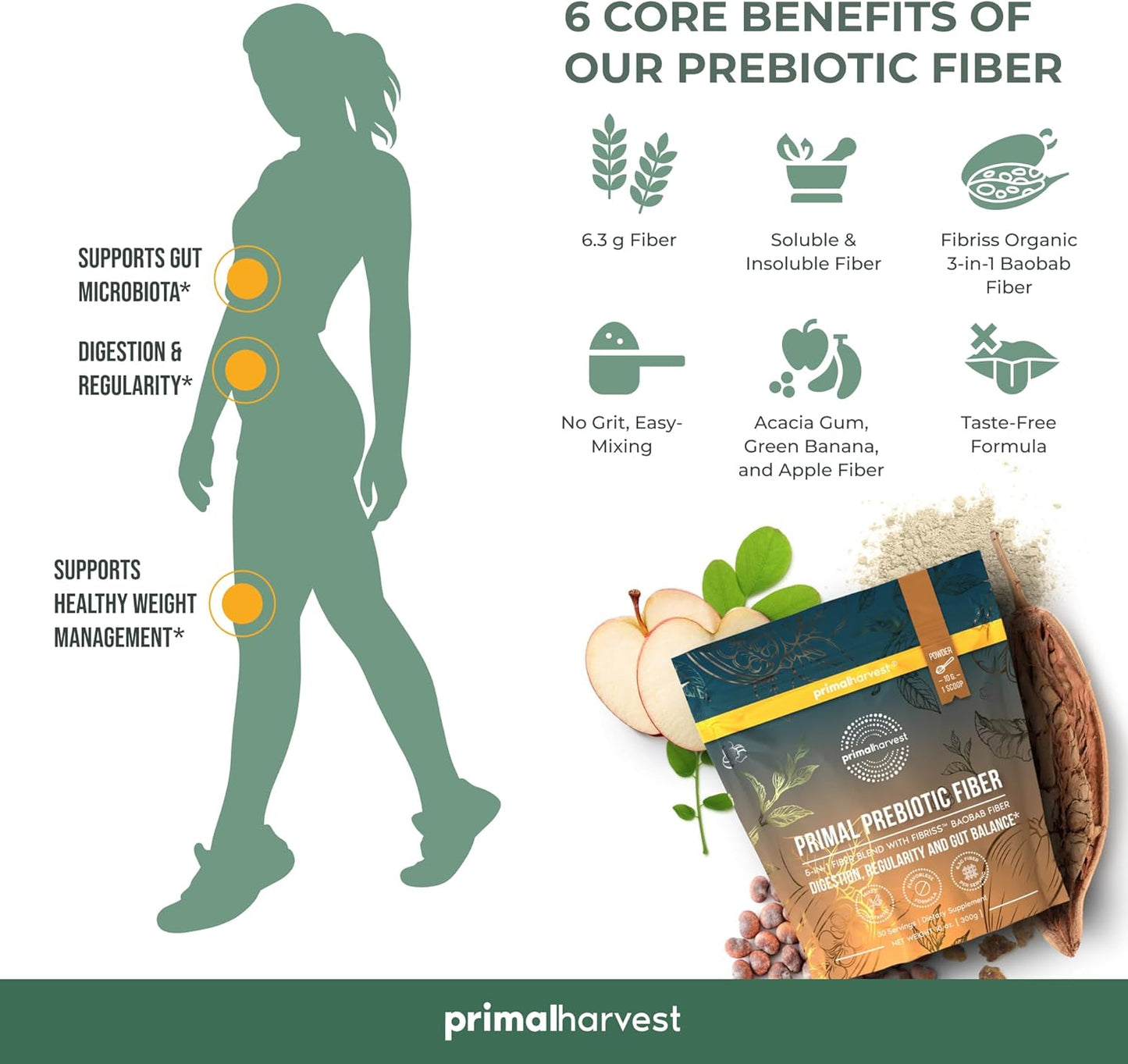Organic Prebiotic Fiber Powder with Acacia and Baobab - 30 Servings, Unflavored Supplement