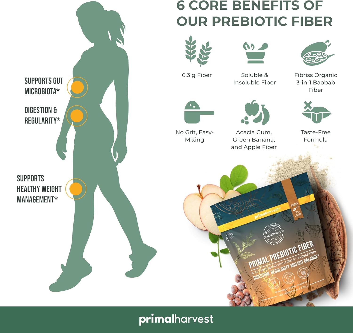 Organic Prebiotic Fiber Powder with Acacia and Baobab - 30 Servings, Unflavored Supplement