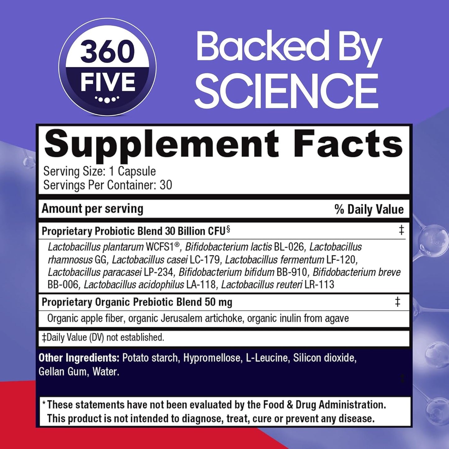 Organic Prebiotic Fiber Probiotic Supplement for Adults, 30 Billion CFU, 10 Strains, Digestive & Immune Health - 30CT