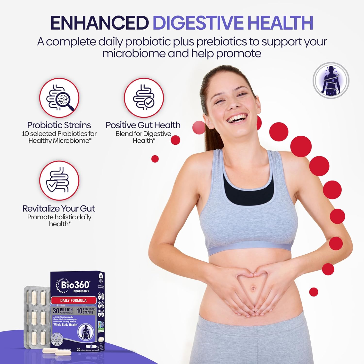 Organic Prebiotic Fiber Probiotic Supplement for Adults, 30 Billion CFU, 10 Strains, Digestive & Immune Health - 30CT
