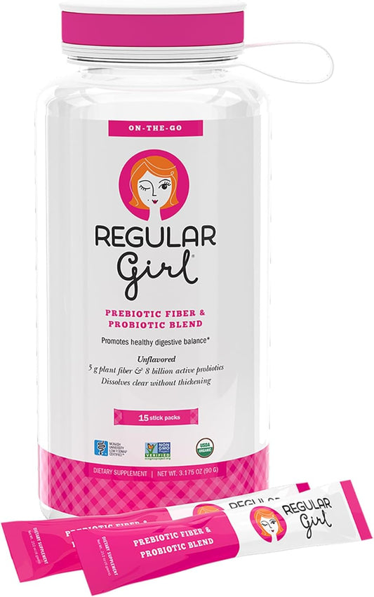 Organic Prebiotic Fiber & Probiotic Supplement for Women, Starter Kit- 15 Packets & Bottle, Unflavored, 15 Servings