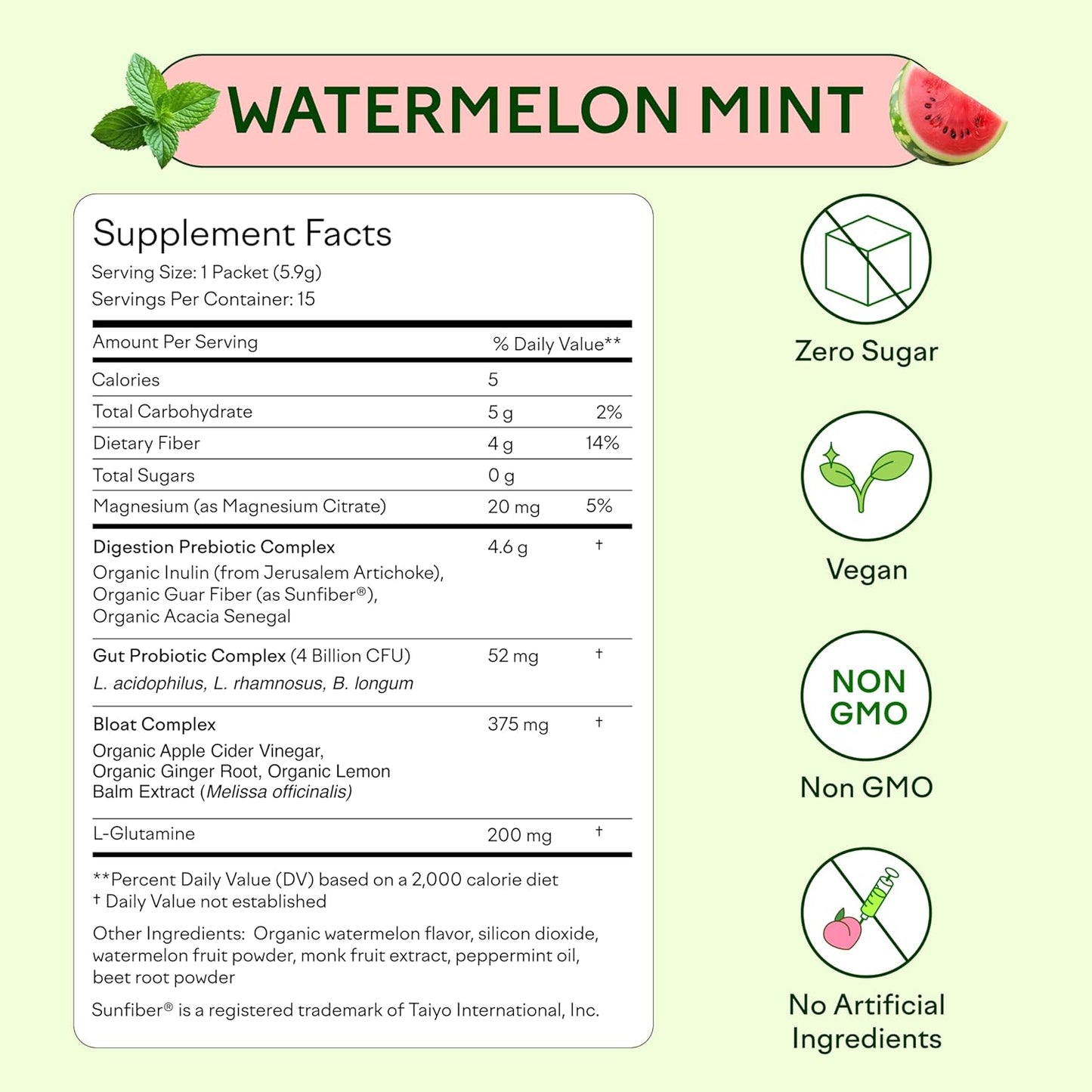 Organic Prebiotic & Probiotic Powder for Gut Health Support, Sugar-Free Fiber Blend with Herbs for Bloat Relief, Non-GMO & Vegan - Watermelon Mint, 15 Packets