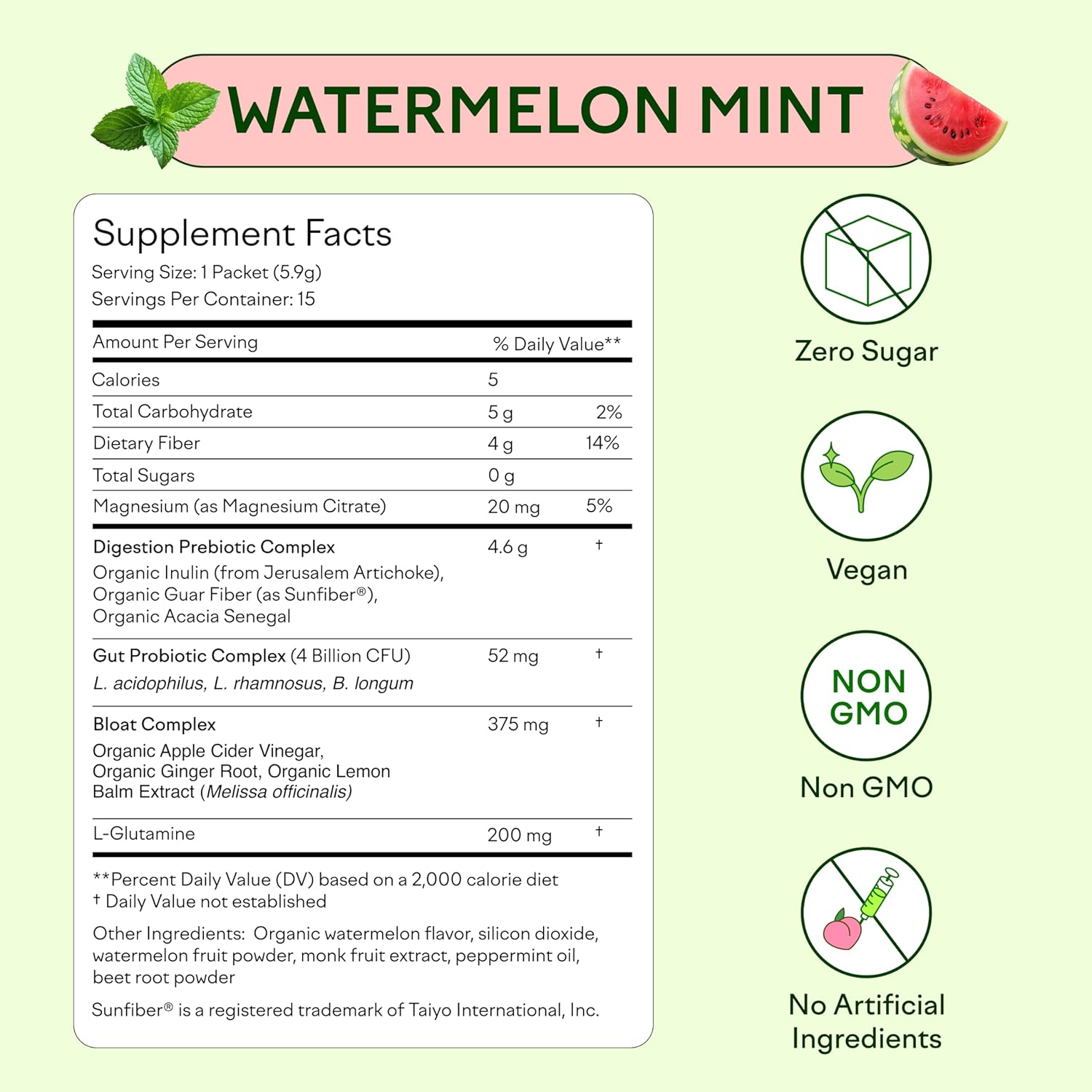 Organic Prebiotic & Probiotic Powder for Gut Health Support, Sugar-Free Fiber Blend with Herbs for Bloat Relief, Non-GMO & Vegan - Watermelon Mint, 15 Packets
