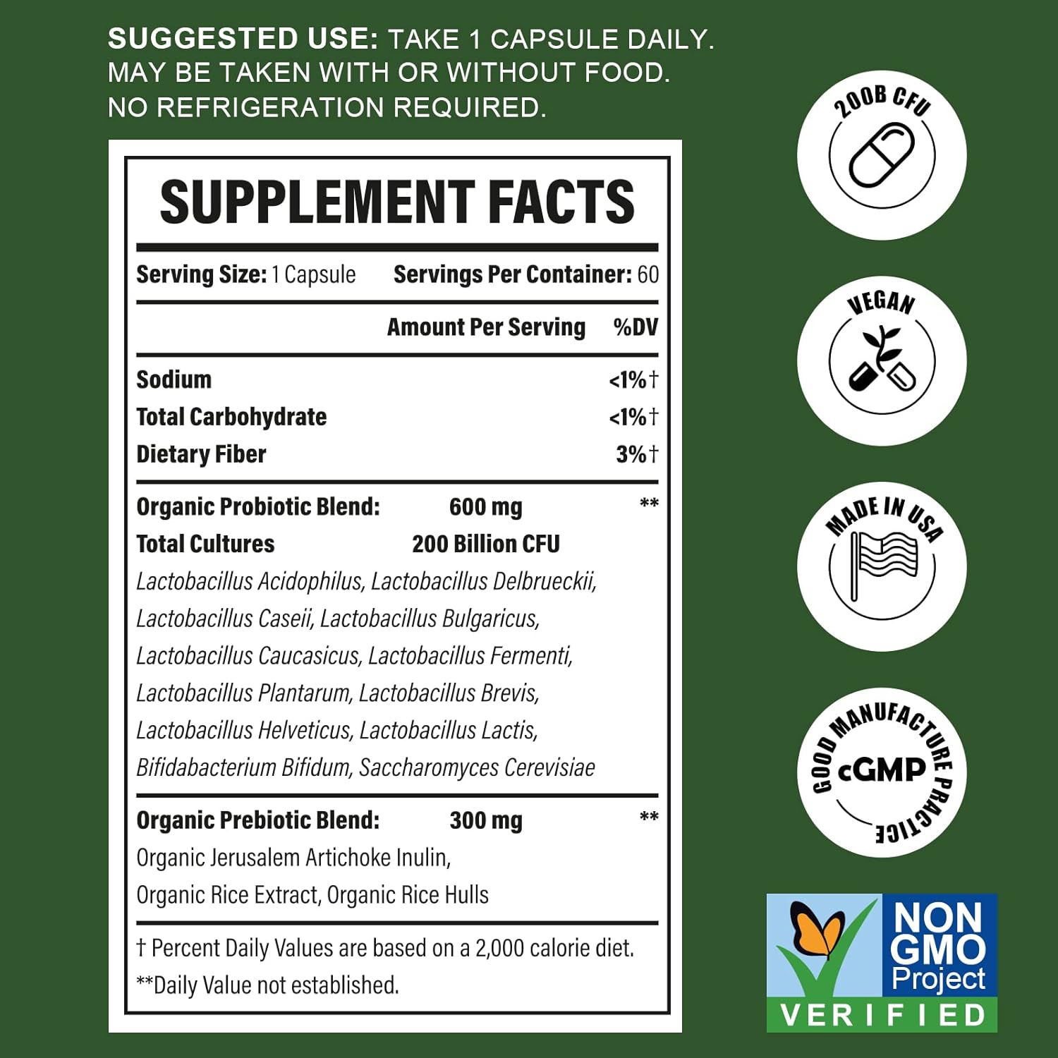 Organic Prebiotic Probiotic Supplement 200 Billion CFU Capsules for Digestive and Gut Health