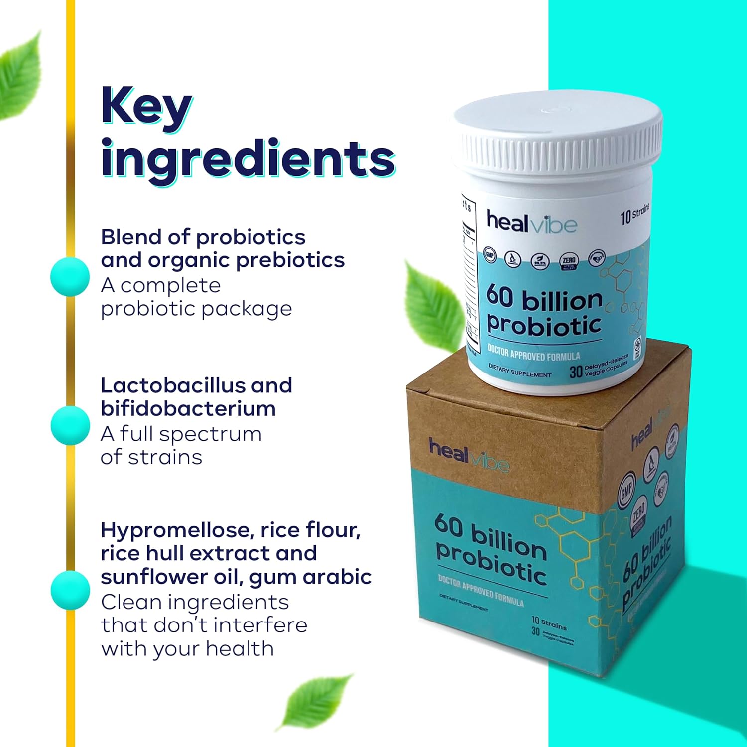 Organic Prebiotics Probiotic Supplement - 60 Billion CFU, 30 Count, 10 Strains, Professional Grade for Women and Men, Sustainable Packaging