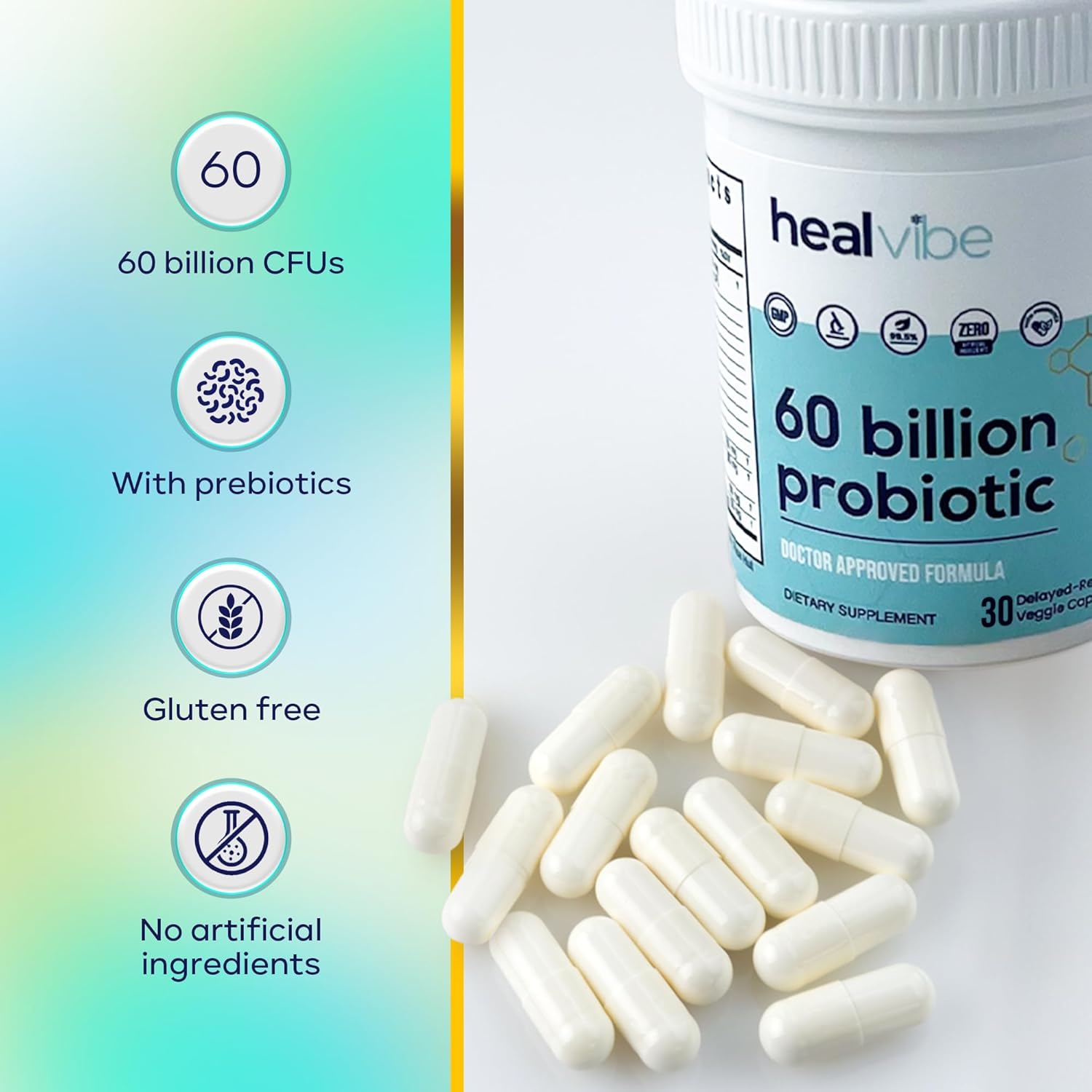 Organic Prebiotics Probiotic Supplement - 60 Billion CFU, 30 Count, 10 Strains, Professional Grade for Women and Men, Sustainable Packaging