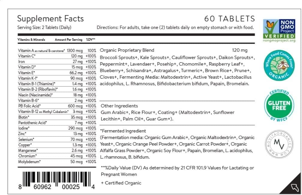 Organic Prenatal Multivitamin with Fermented Whole Foods - Supports Pregnancy & Fetal Development - Vegan & Gluten-Free - 30-Day Supply