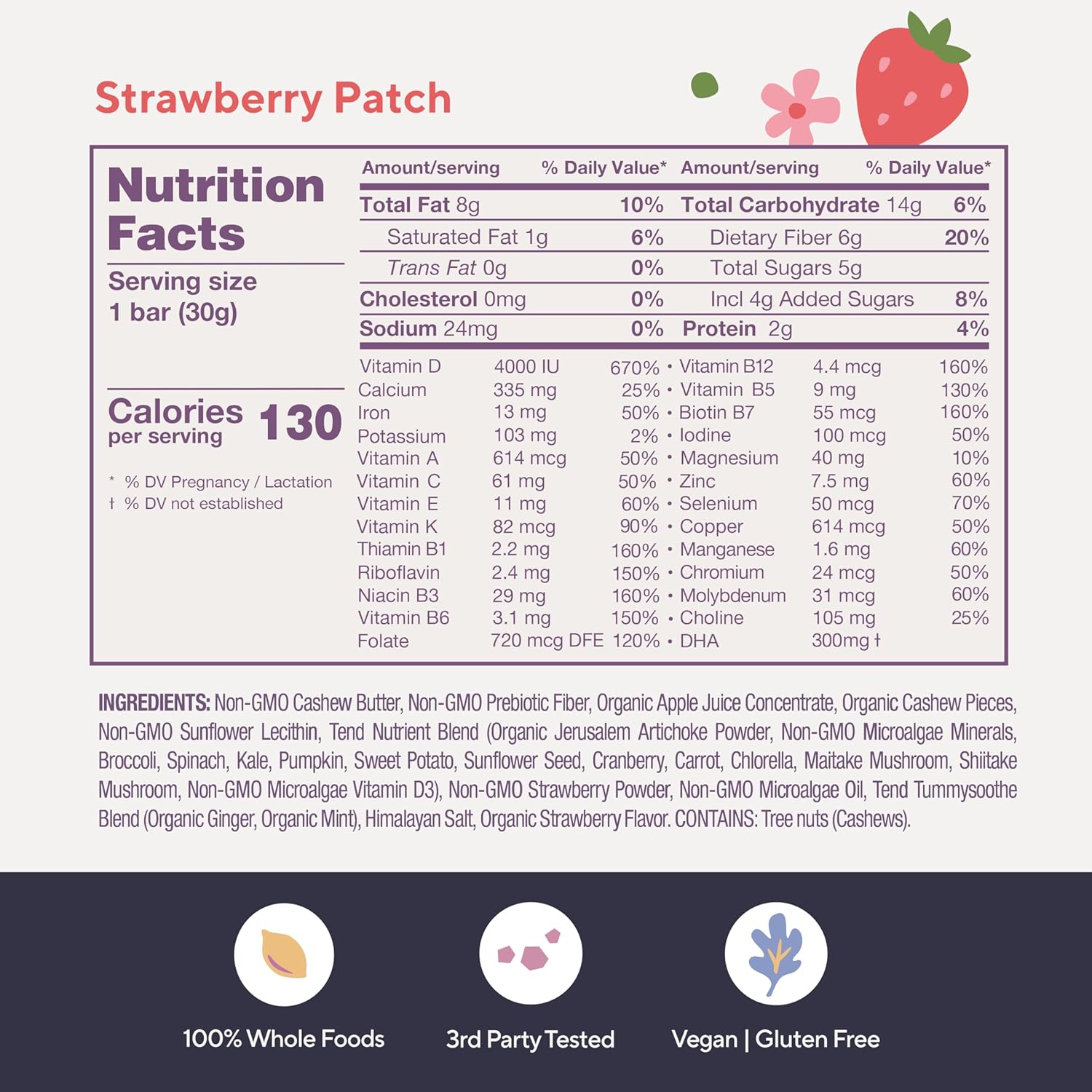 Organic Prenatal Vitamin Bar with DHA, Vitamin D, Choline, Folate - Strawberry Patch Flavor (7ct) for Pregnant & Postpartum Moms