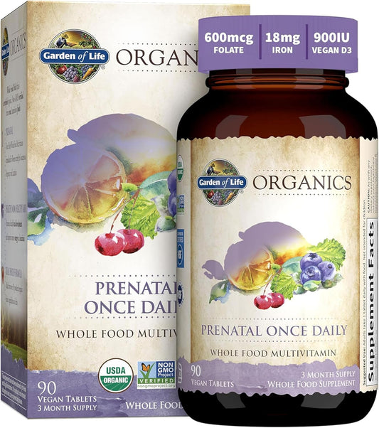 Organic Prenatal Vitamin with Folate for Energy & Healthy Fetal Development, Non-Constipating Iron, Vitamin C, B6, B12, D3 - Non-GMO, Gluten-Free, Vegan - 90 Day Supply by Garden of Life Organics
