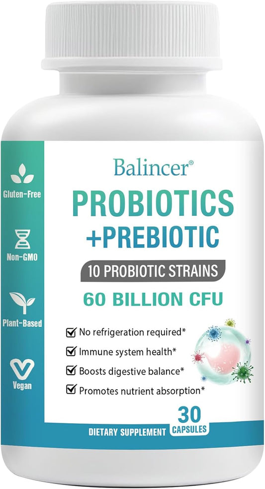 Organic Probiotic and Prebiotic Blend for Digestive Health, 60 Billion CFUs, 10 Strains, Women and Men, 30 Capsules
