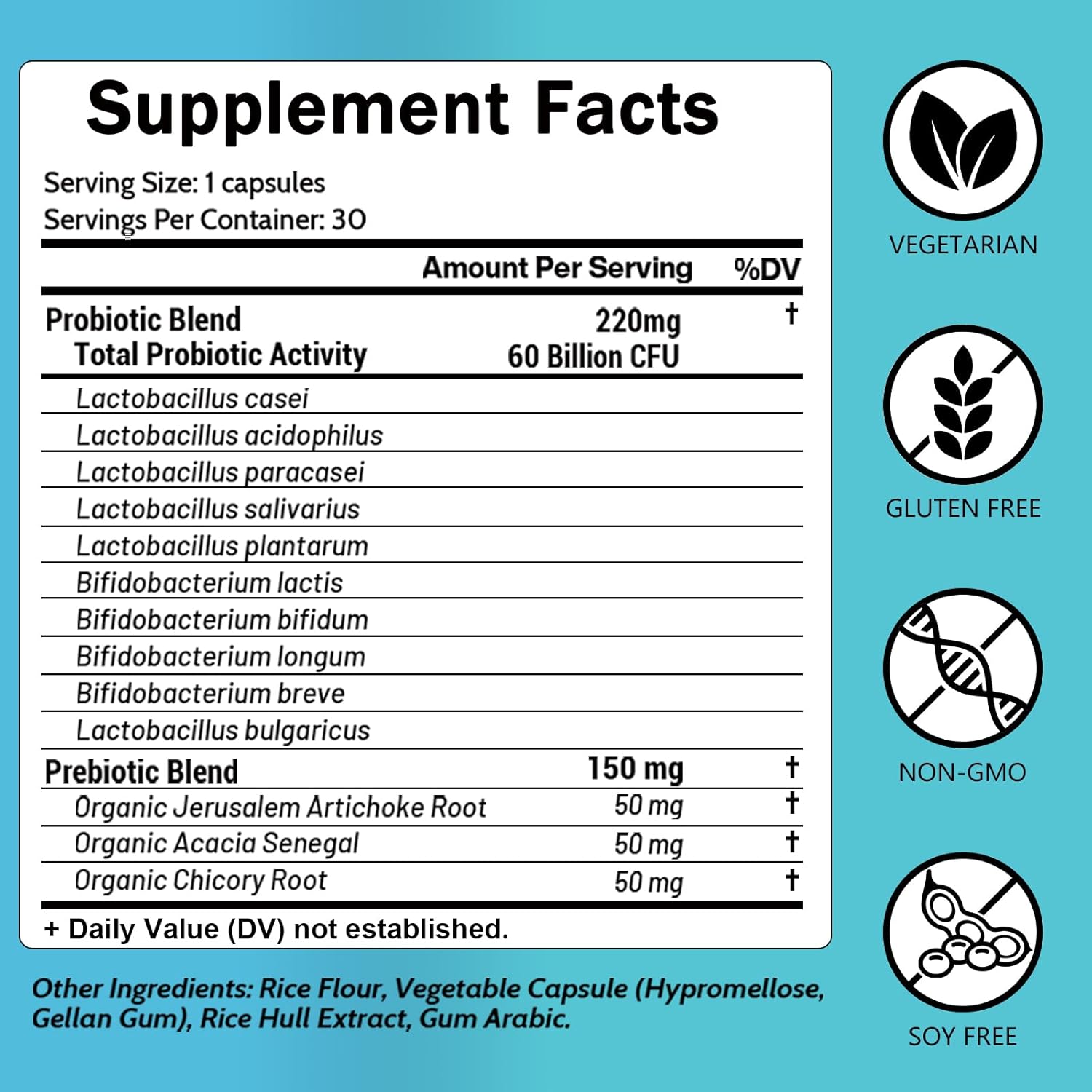 Organic Probiotic and Prebiotic Blend for Digestive Health, 60 Billion CFUs, 10 Strains, Women and Men, 30 Capsules