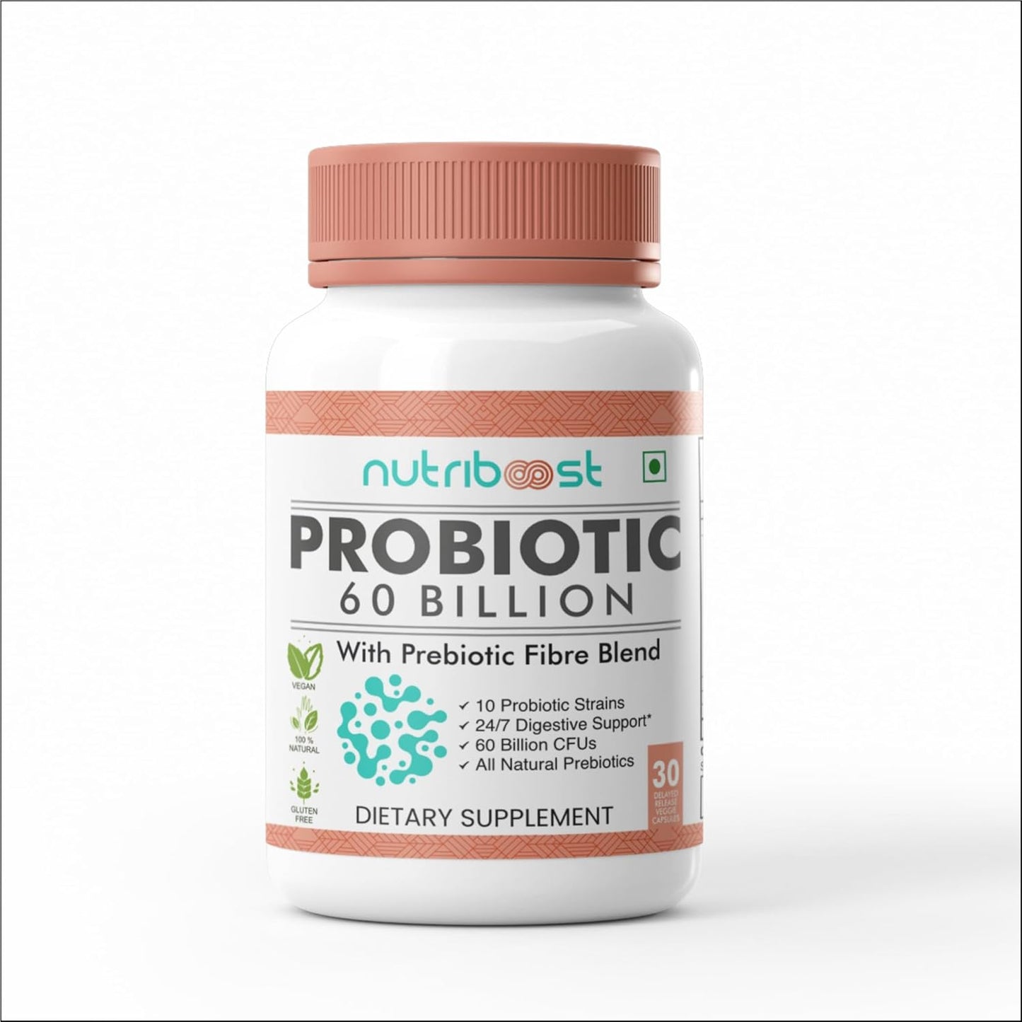 Organic Probiotic Fiber Blend Capsules - 60 Billion CFU for Easier Digestion and Fuller Nutrition - 10 Probiotic Strains - Natural Supplement for Men and Women