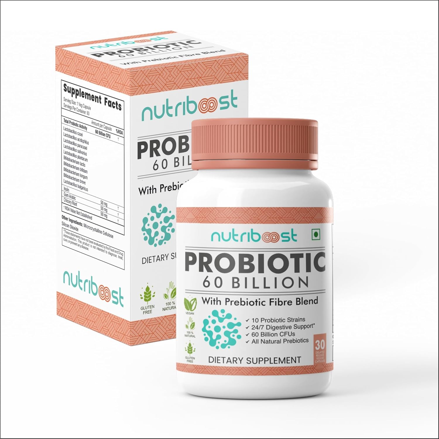 Organic Probiotic Fiber Blend Capsules - 60 Billion CFU for Easier Digestion and Fuller Nutrition - 10 Probiotic Strains - Natural Supplement for Men and Women