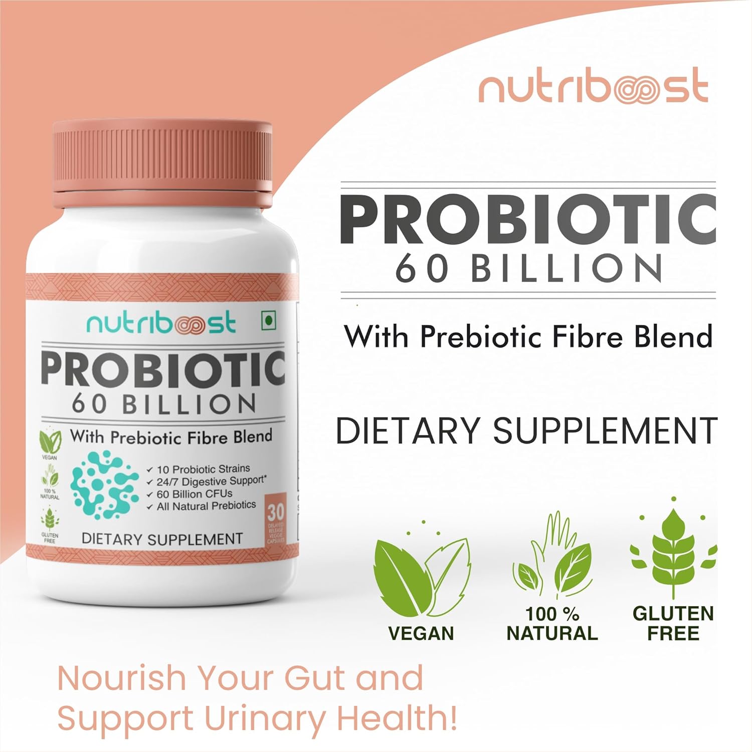Organic Probiotic Fiber Blend Capsules - 60 Billion CFU for Easier Digestion and Fuller Nutrition - 10 Probiotic Strains - Natural Supplement for Men and Women